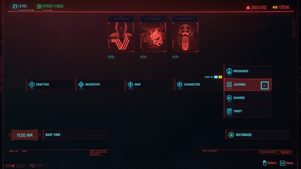 Cyberpunk 2077 Selecting Shards Menu