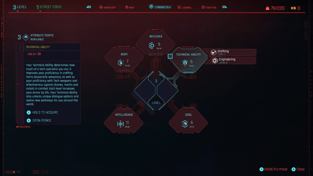 Cyberpunk 2077 Character Attributes Interface