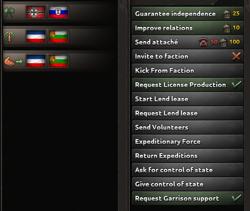 The diplomacy screen between Germany and Italy in Hearts of Iron IV.