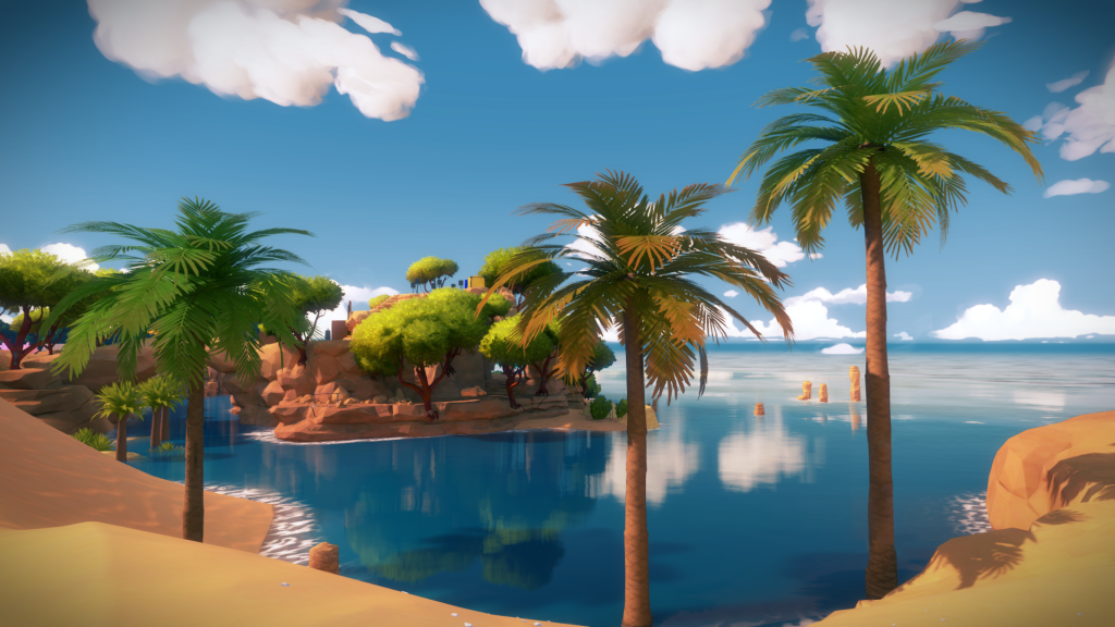 A screenshot from The Witness: palm trees stand near clean blue water, the beach continues in a curve and transitions into a rocky outcropping; the sky is a soft blue with fluffy white clouds. 