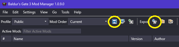 save and export buttons for mod manager bg3 v2