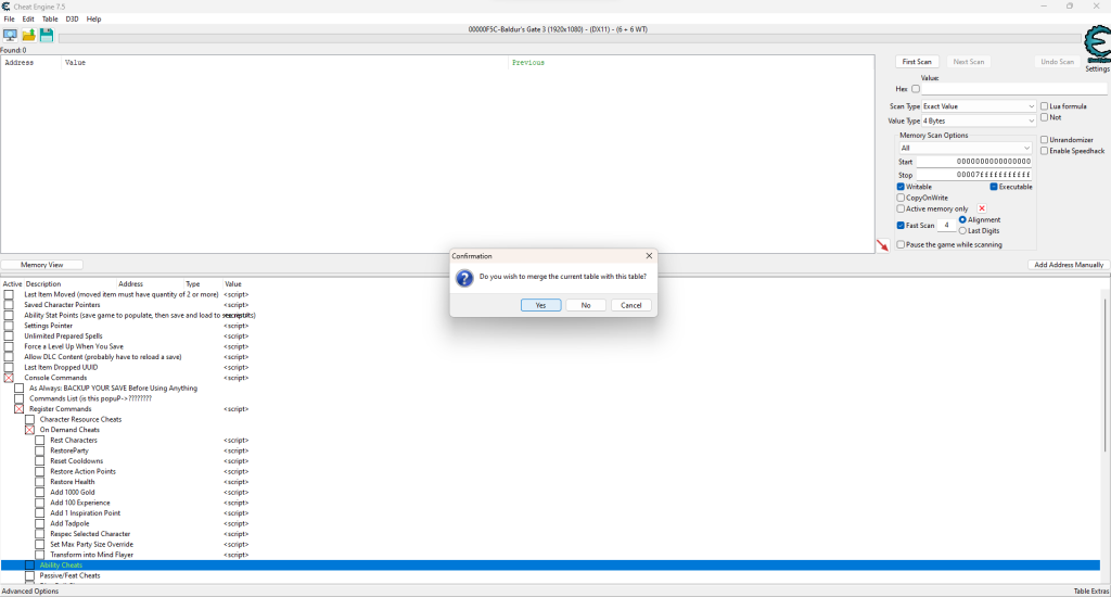 cheat engine guide baldurs gate 3 table merge