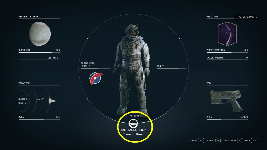 missions screen starfield one small step walkthrough