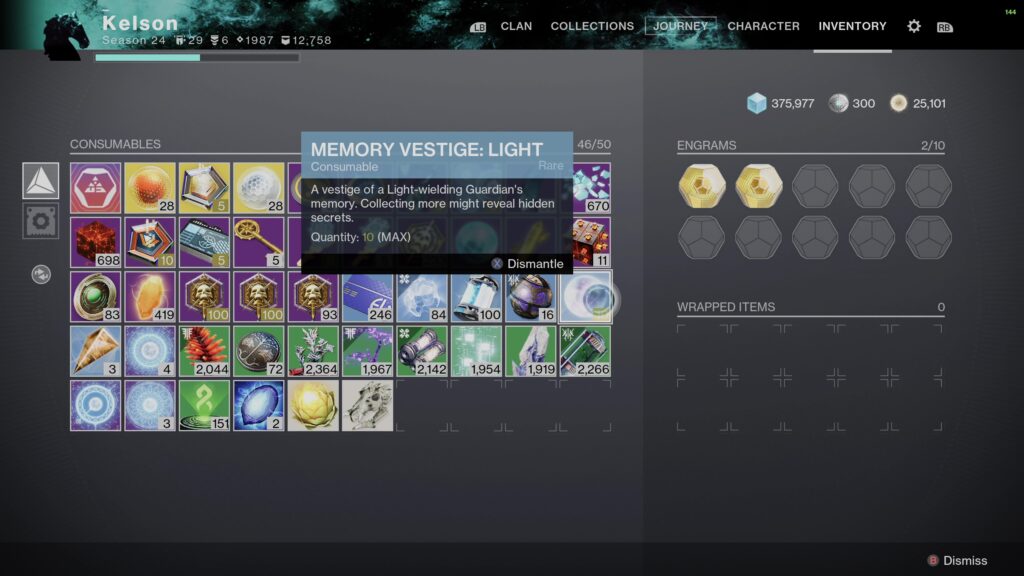 destiny 2 facet of awakening fragment vestige of light in inventory