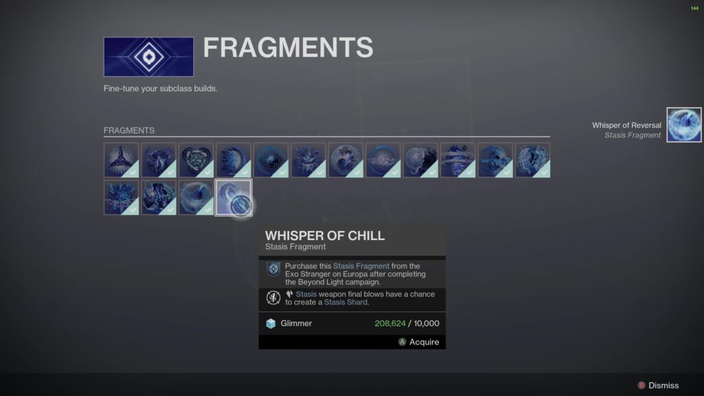 destiny 2 new stasis fragments in menu glimmer